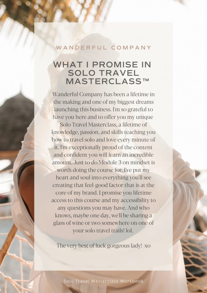 Solo Travel Masterclass course promise statement in the workbook - Wanderful Company